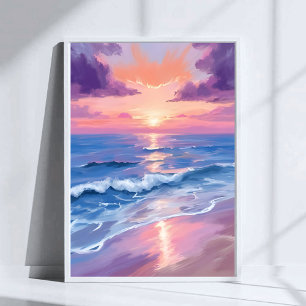 Lavender Sunset Purple Beach Ocean Watercolor Poster