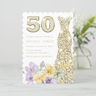 Lavender & Sunshine Gold Gown 50th Birthday Party Invitation