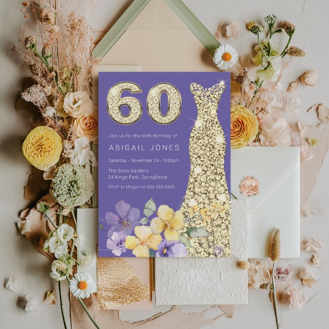 Lavender & Sunshine Gold Gown 60th Birthday Party Invitation (Creator Uploaded)