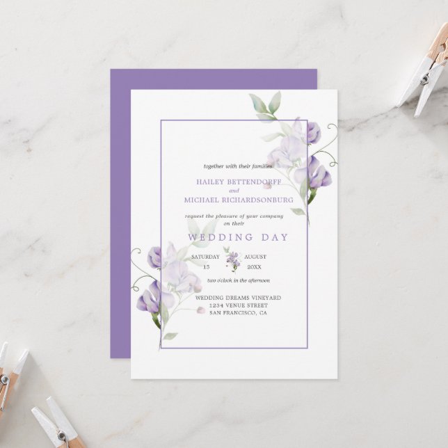 Lavender Sweet Peas Floral Wedding Invitation (Front/Back In Situ)