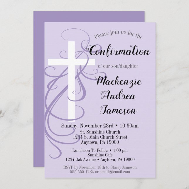 Lavender Swirl Cross Confirmation Invitation (Front/Back)