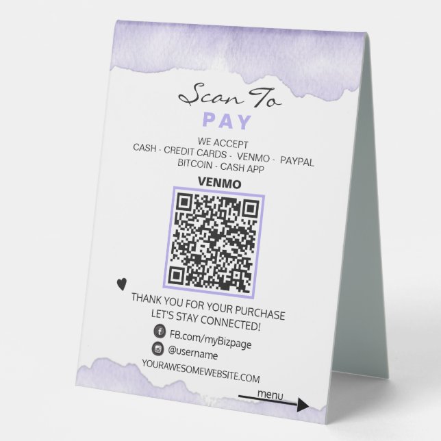 *~*  Lavender ,  Table Tent PAY + MENU QR Tabletop (Front)
