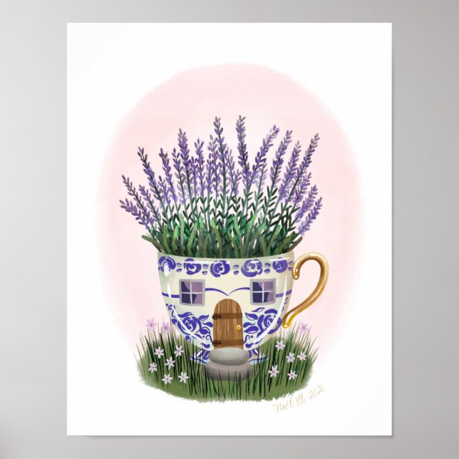 Lavender Teacup Cottage Art Print   (Front)