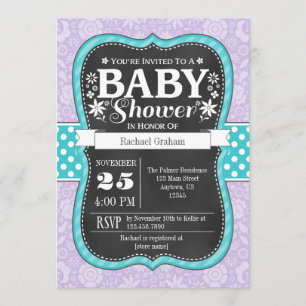 Lavender Teal Chalkboard Floral Baby Shower Invite