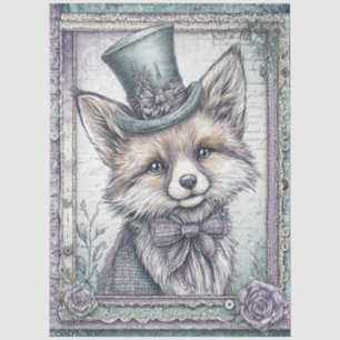 Lavender & Teal Fantasy Fox with Hat Decoupage Tissue Paper