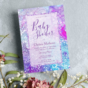 Lavender teal purple marble glitter Baby Shower Invitation