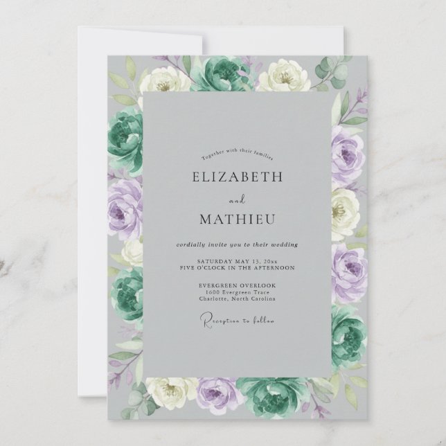 Lavender Teal Ranunculus Eucalyptus Wedding Invitation (Front)