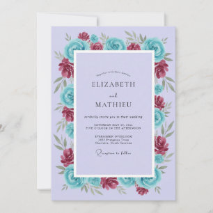 Lavender Teal Rose Floral Wedding Invitation