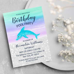 Lavender Teal White Glitter Dolphin Pool Birthday Invitation