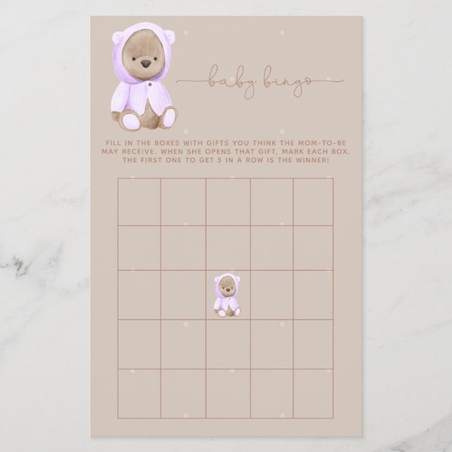 Lavender Teddy Bear Baby Shower Bingo Game Flyer (Front)