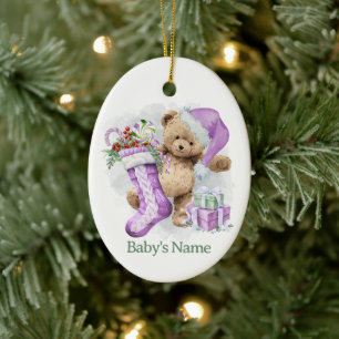Lavender Teddy Bear Baby's First Christmas Ceramic Ornament
