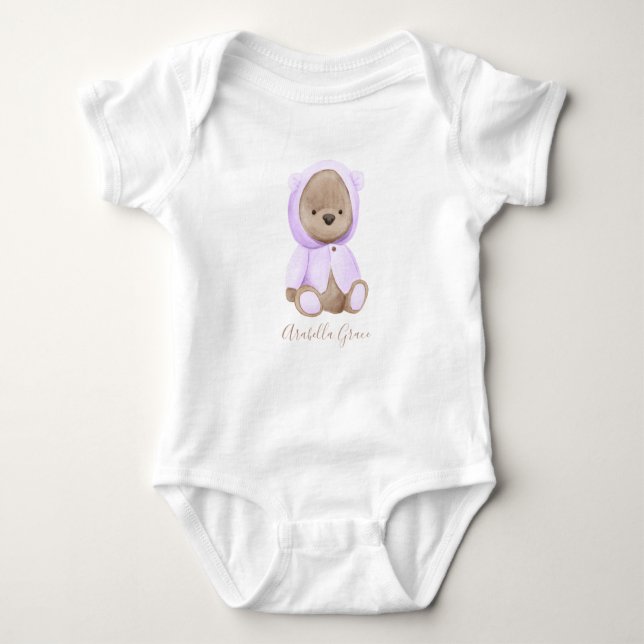 Lavender Teddy Bear Personalised Name Baby Baby Baby Bodysuit (Front)