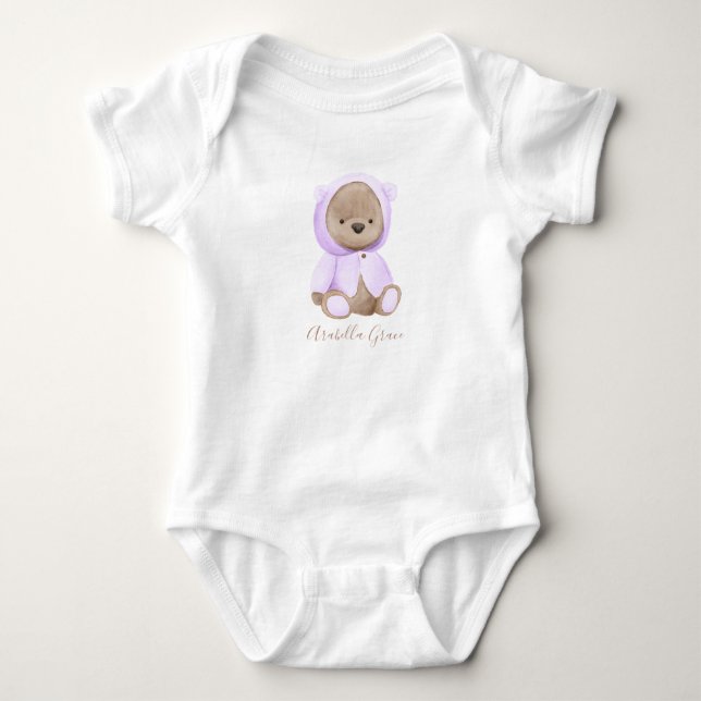 Lavender Teddy Bear Personalised Name Baby Baby Bodysuit (Front)