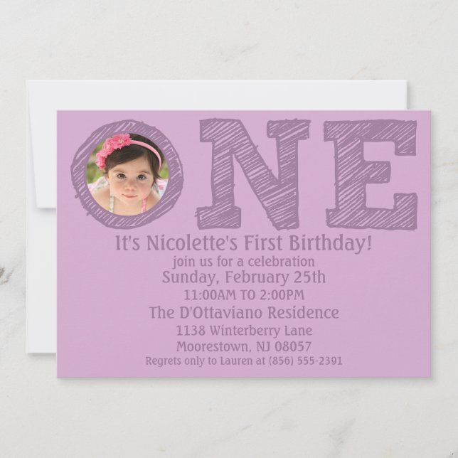 Lavender The Big One Photo First Birthday Party Invitation (Front)