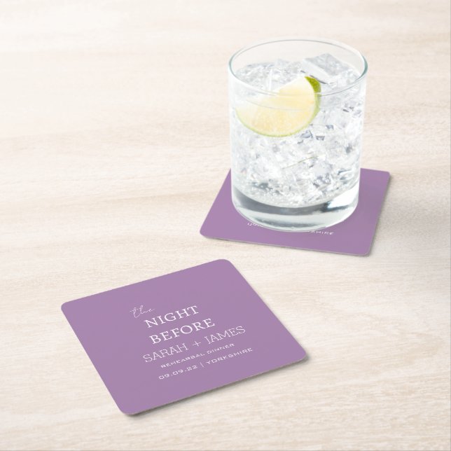 Lavender the Night Before Rehearsal Dinner Wedding Square Paper Coaster (Insitu)