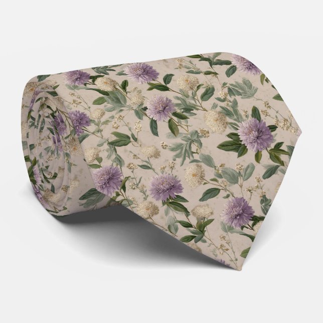 Lavender Thistle Botanical Personalised Wedding Tie (Rolled)