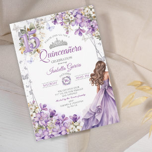 Lavender Tiara Floral Butterflies Quinceañera Invitation