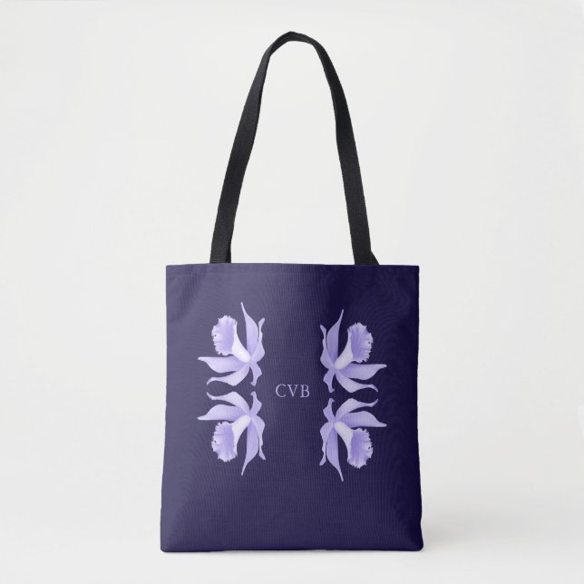 Lavender to Light Purple Orchids on Haiti Blue Tote Bag (Front)