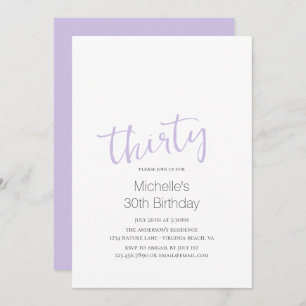Lavender Trendy Modern Minimalist 30th Birthday Invitation