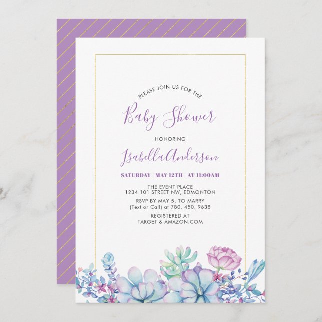 Lavender | Tropical Succulents Summer Baby Shower Invitation (Front/Back)