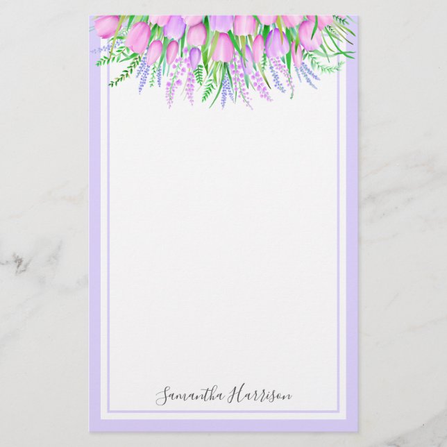 Lavender Tulips Bouquet Spring Vibes Floral Stationery (Front)
