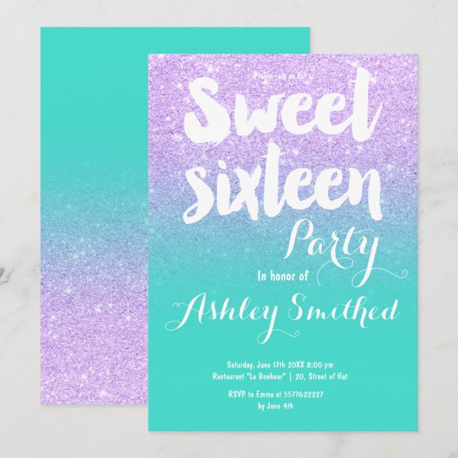 Lavender turquoise glitter typography Sweet 16 Invitation (Front/Back)