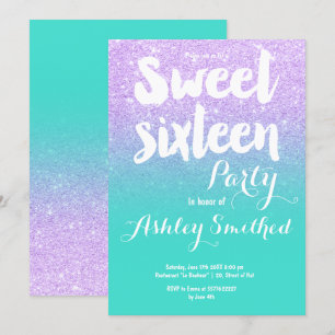 Lavender turquoise glitter typography Sweet 16 Invitation