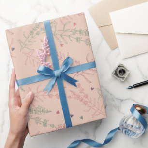Lavender Twig Hearts Drawing Minimalistic Wrapping Paper