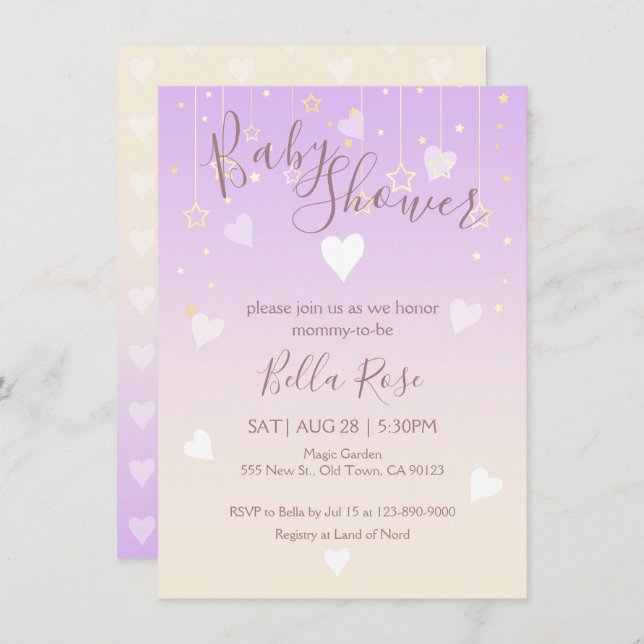 Lavender Vanilla Star Heart Baby Shower Cards (Front/Back)