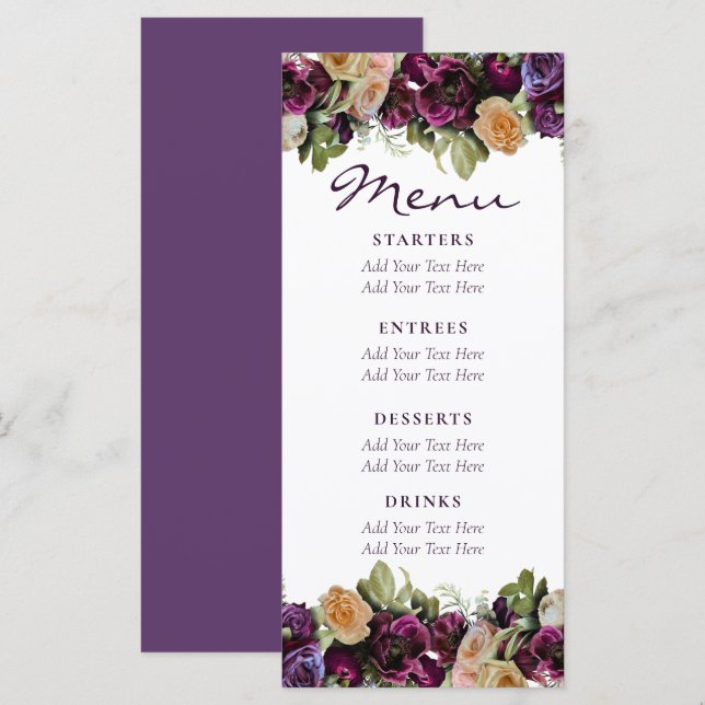 Lavender Vintage Floral Elegant Wedding Menu (Front/Back)