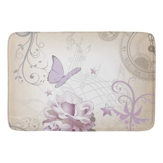 Lavender Vintage Flower, Butterfly, Music, Clocks Bath Mat (Front)