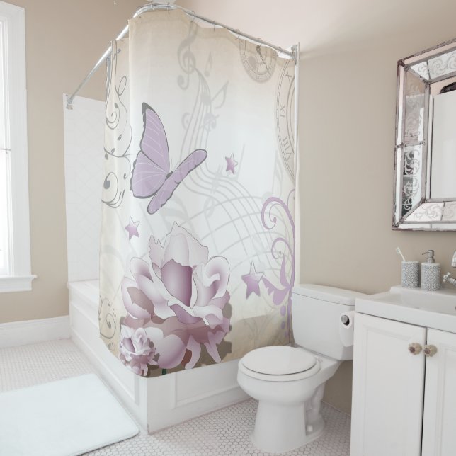 Lavender Vintage Flower, Butterfly, Music, Clocks Shower Curtain (In Situ)