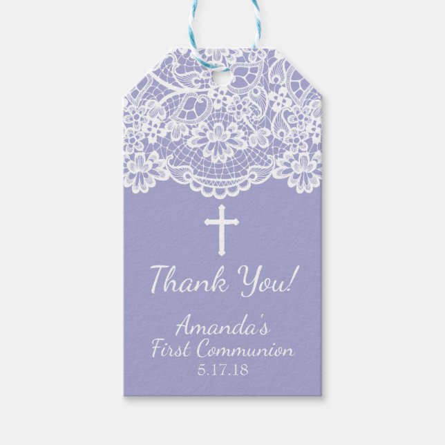 Lavender Vintage Lace First Communion Gift Tag (Front)