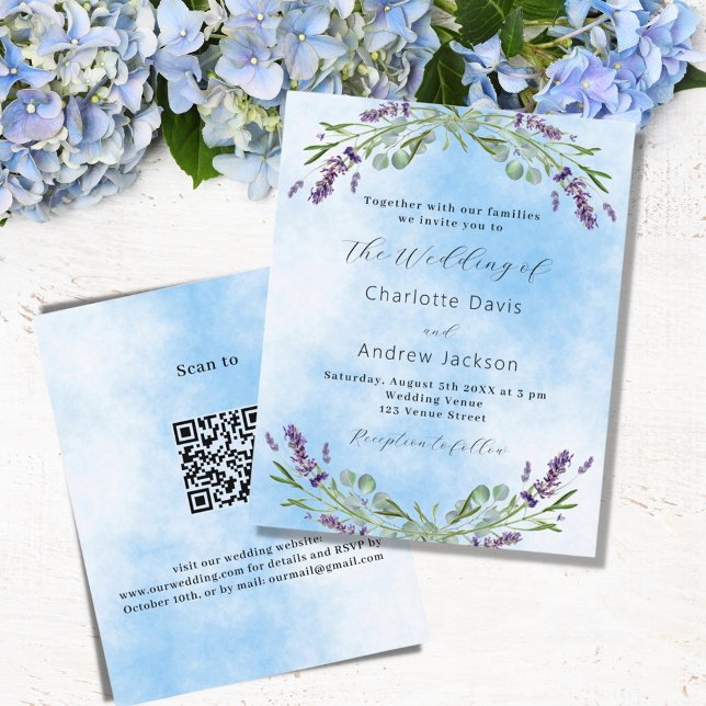 Lavender violet blue QR wedding invitation (Creator Uploaded)