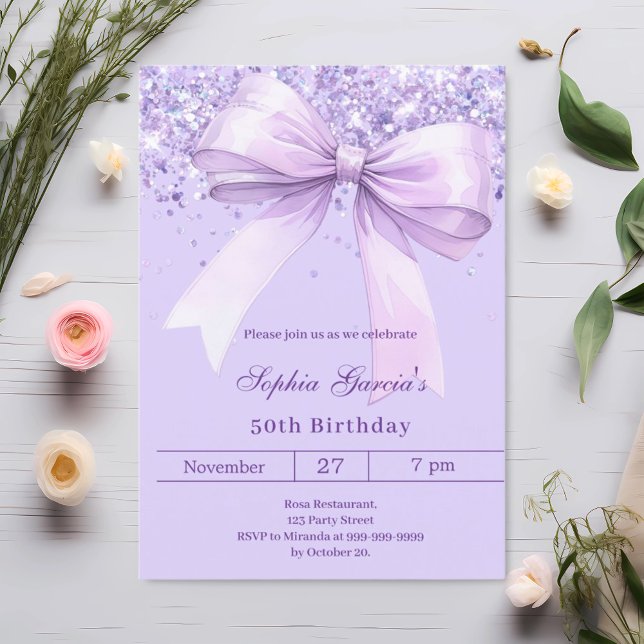 Lavender violet bow birthday invitation (Creator Uploaded)