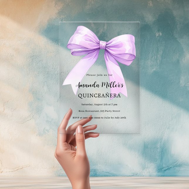 Lavender violet bow clear Quinceanera Acrylic Invitations (Creator Uploaded)