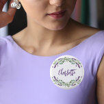 Lavender violet eucalyptus name script 3 cm round badge<br><div class="desc">A chic white background. Decorated with lavender,  violet florals flowers and watercolored eucalyptus greenery. Personalise and add a name.</div>