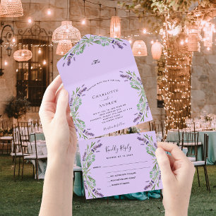 Lavender violet floral eucalyptus wedding all in one invitation