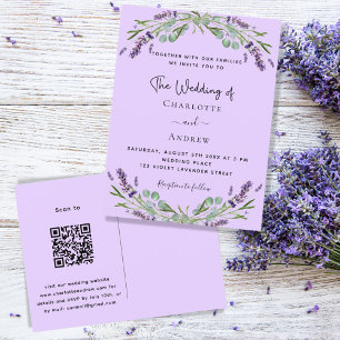 Lavender violet floral greenery QR-code wedding Invitation Postcard