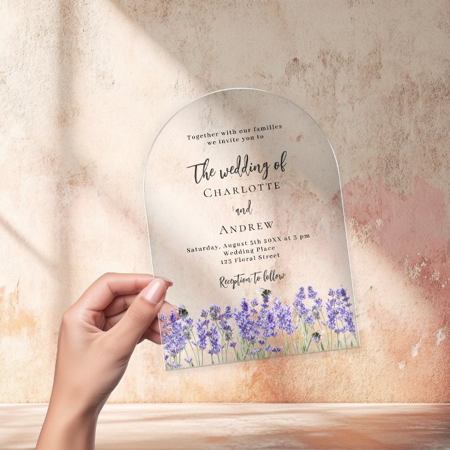 Lavender violet florals arch clear wedding acrylic invitations (Creator Uploaded)