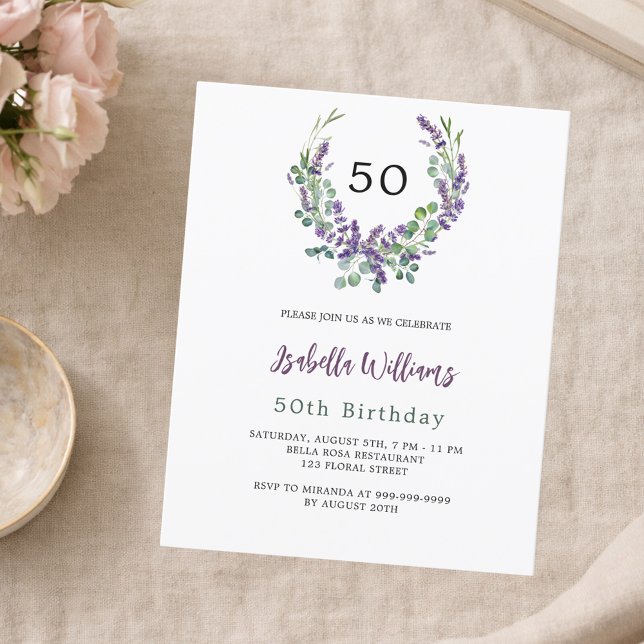 Lavender violet florals budget birthday invitation (Creator Uploaded)