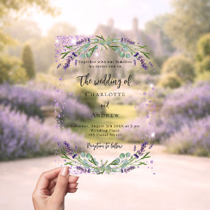 Lavender violet florals eucalyptus wedding acrylic invitations