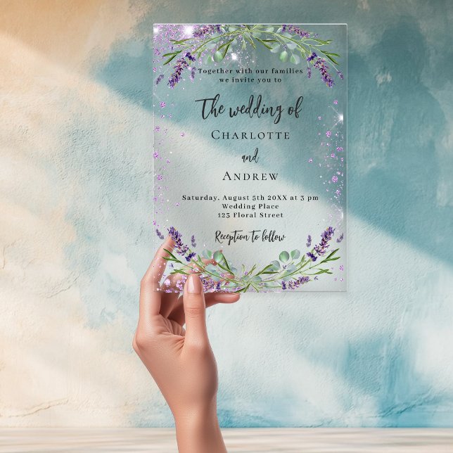 Lavender violet florals eucalyptus wedding acrylic invitations (Creator Uploaded)