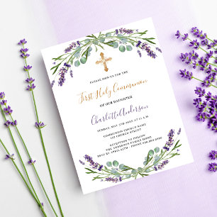 Lavender violet florals First Communion Invitation Postcard