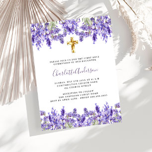 Lavender violet florals gold cross First Communion Invitation