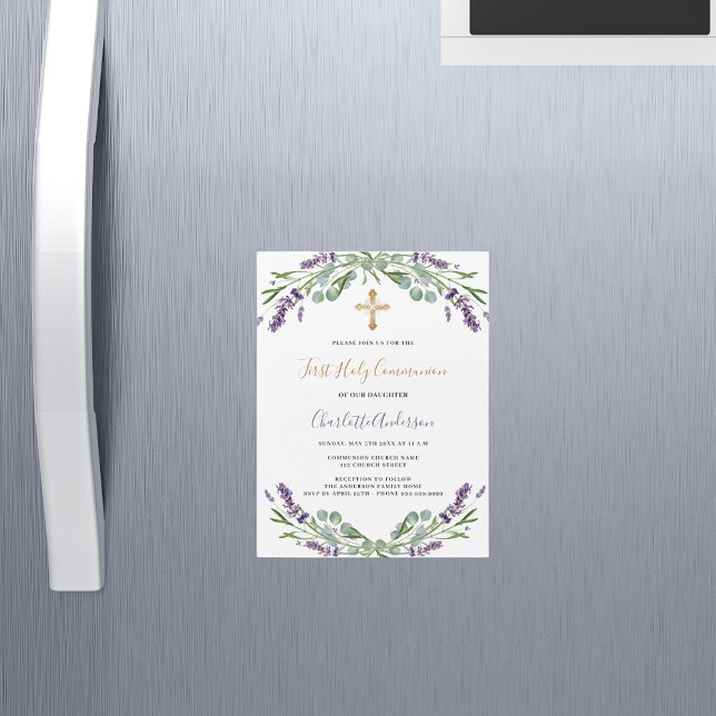Lavender violet florals luxury First Communion Magnetic Invitation (Creator Uploaded)