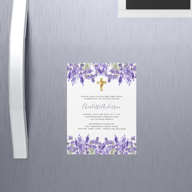 Lavender violet florals luxury First Communion Magnetic Invitation (Creator Uploaded)