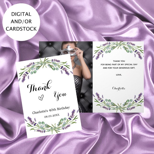 Lavender violet florals photo birthday thank you card (Creator Uploaded)