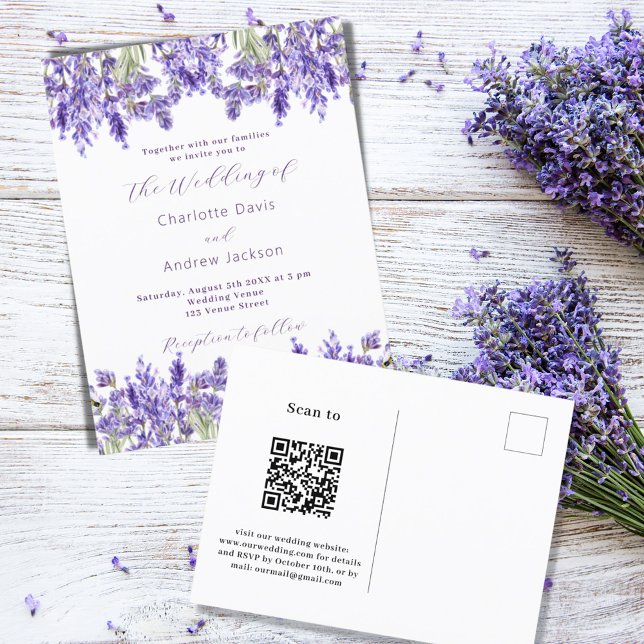 Lavender violet florals QR RSVP details wedding Invitation Postcard (Creator Uploaded)