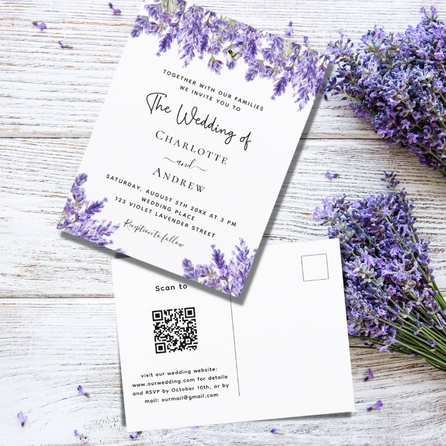 Lavender violet florals QR RSVP details wedding Invitation Postcard (Creator Uploaded)